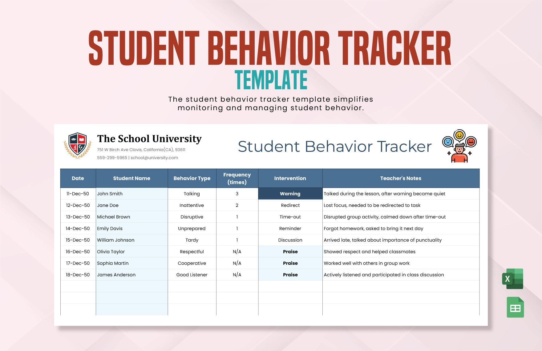 Student Behavior Tracker Template in Excel, Google Sheets