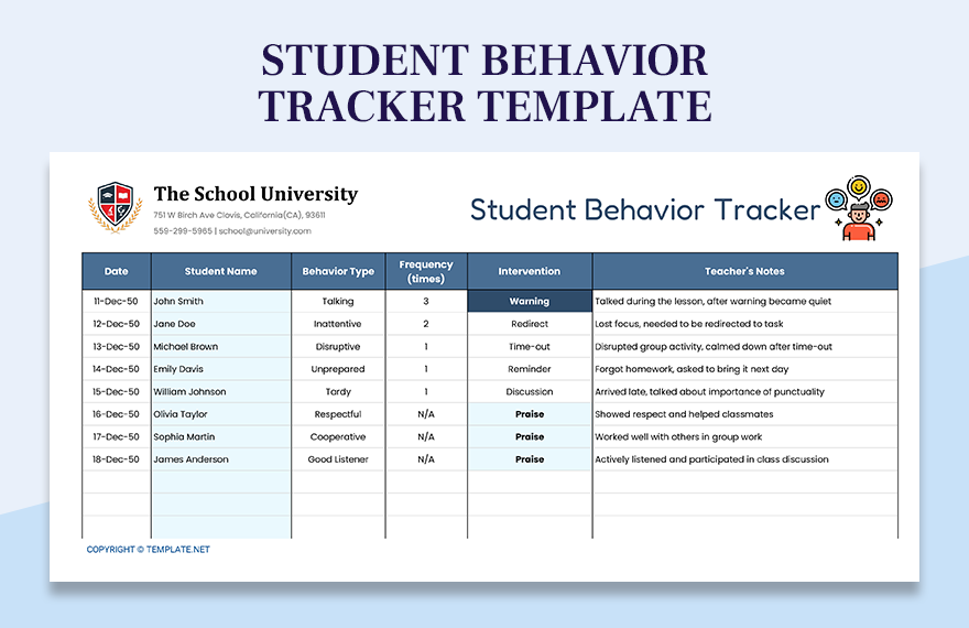 Student Behavior Tracker Template Download in Excel, Google Sheets