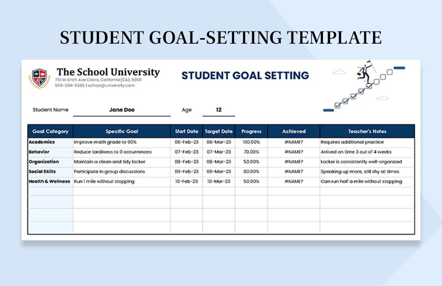 Student GoalSetting Template Google Sheets, Excel
