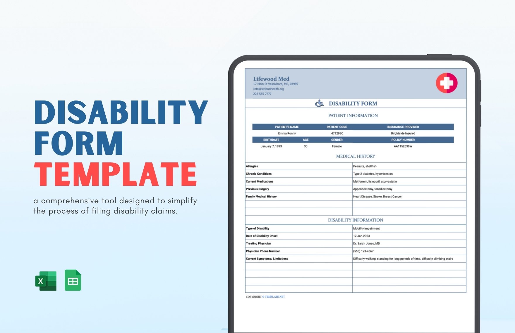 Disability Form Template in Excel, Google Sheets