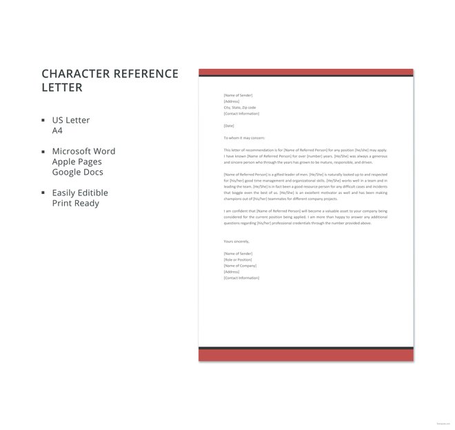 Microsoft Word Character Reference Letter Template