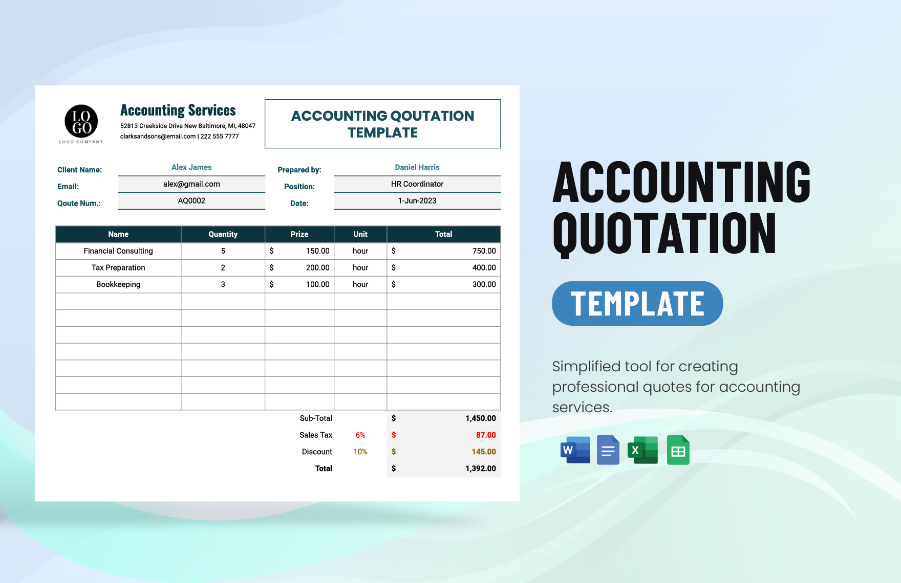 Free Accounting Quotation Template in Word, Google Docs, Excel, Google Sheets, PSD