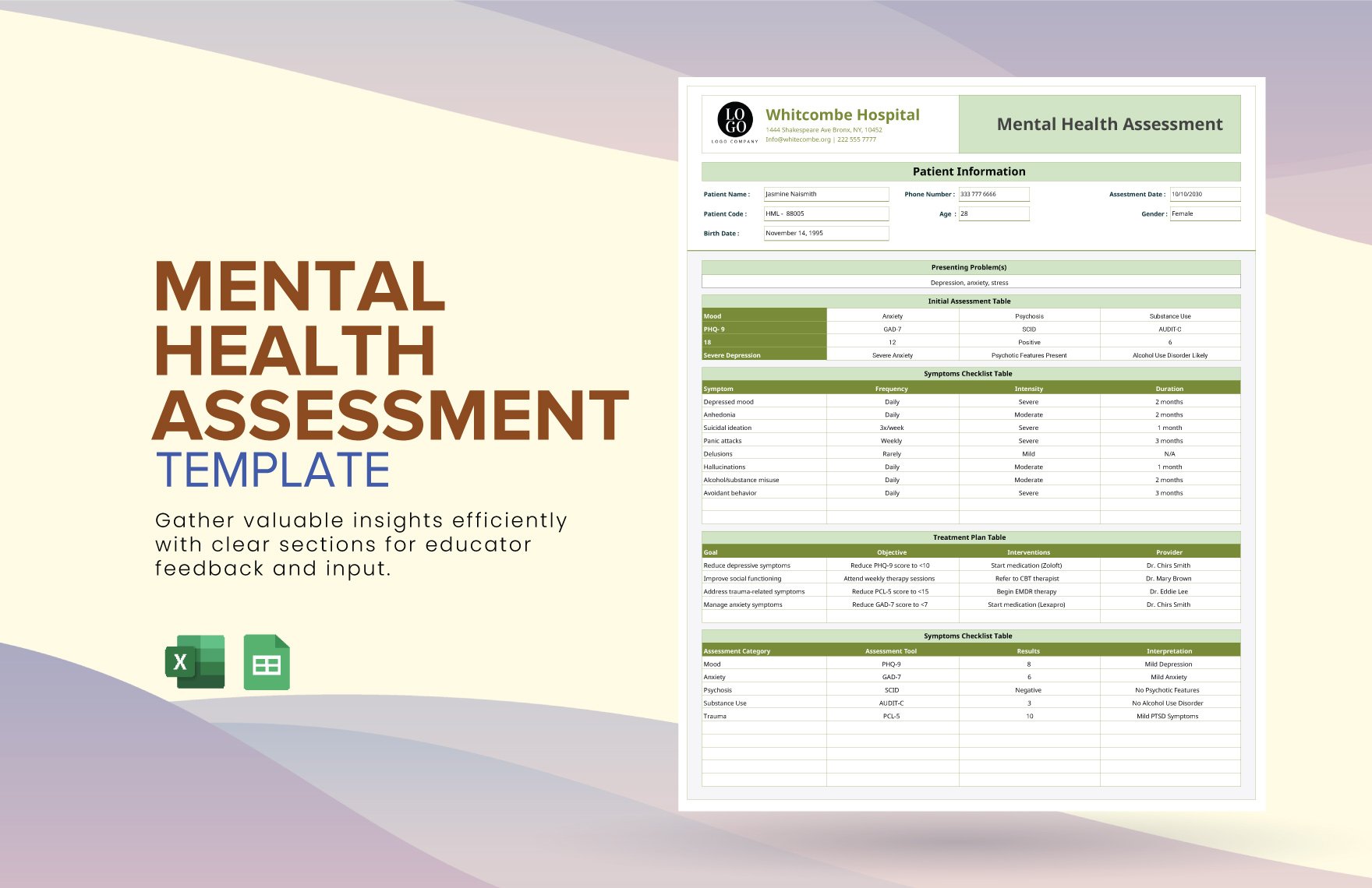 Mental Health Assessment Template in Excel, Google Sheets