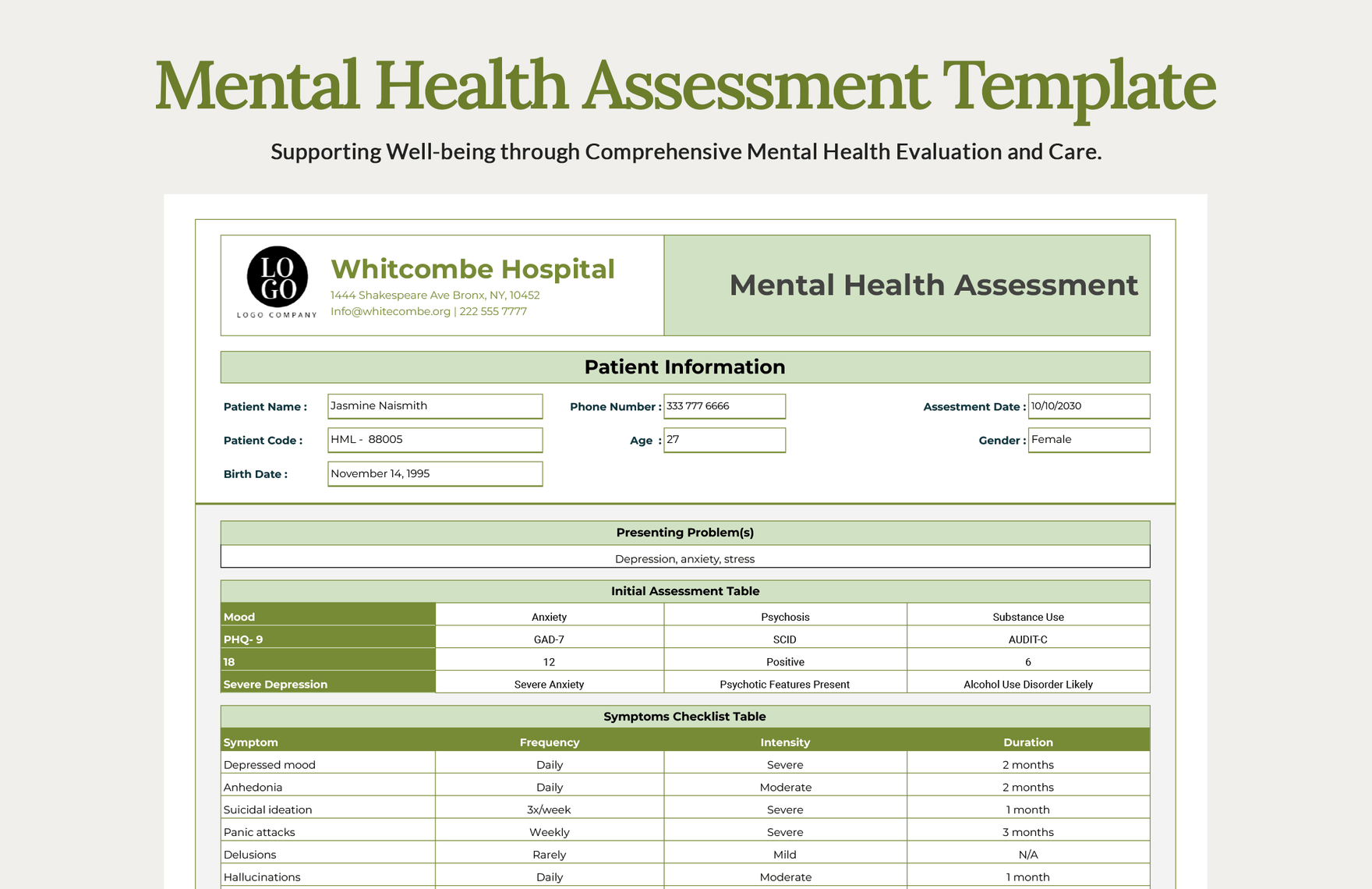 Mental Health Assessment Template in Excel, Google Sheets