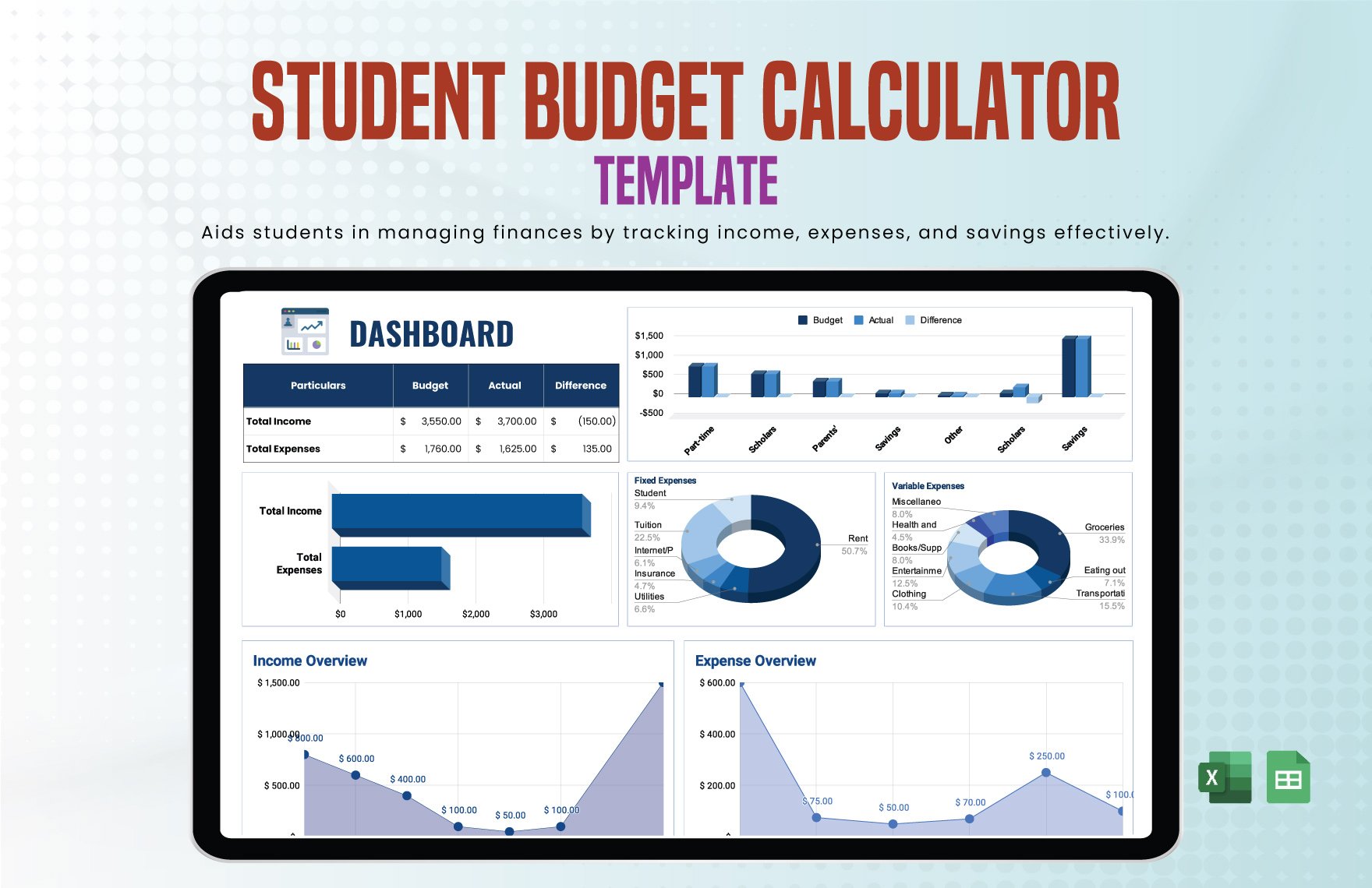 Student Budget Calculator in Excel, Google Sheets