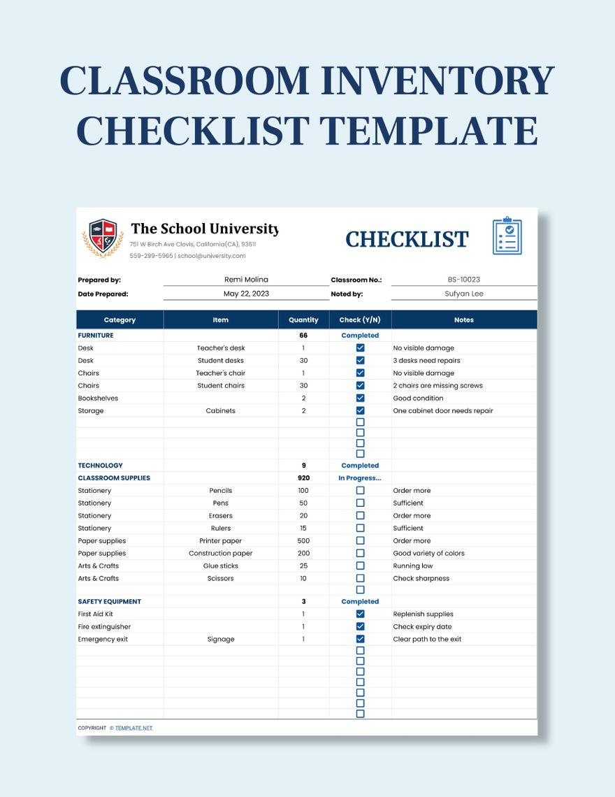 Classroom Inventory Checklist Template Google Sheets Excel