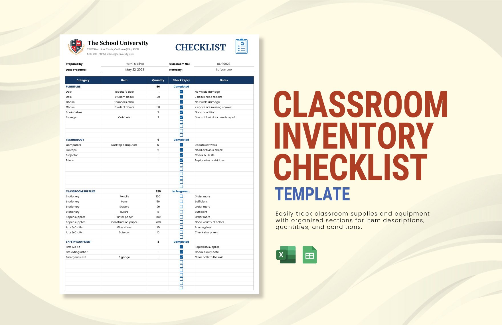 Classroom Inventory Checklist Template in Excel, Google Sheets