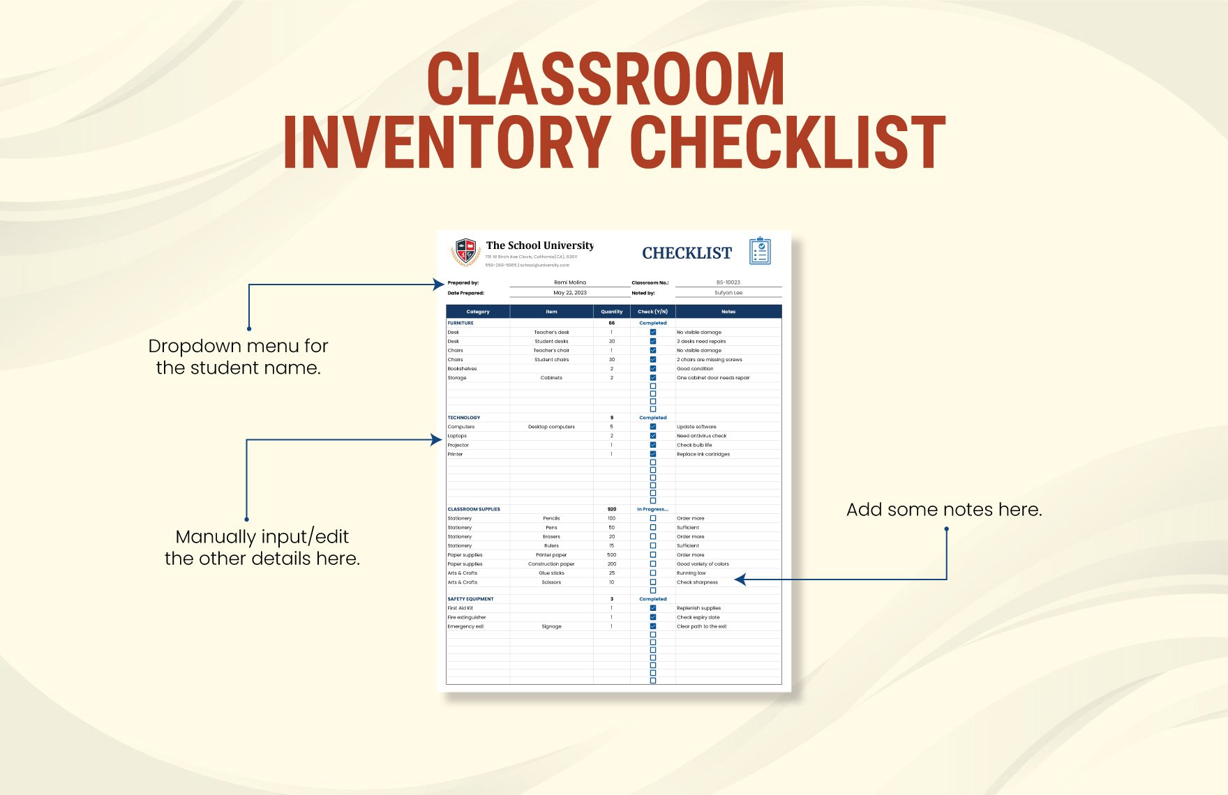 Classroom Inventory Checklist Template
