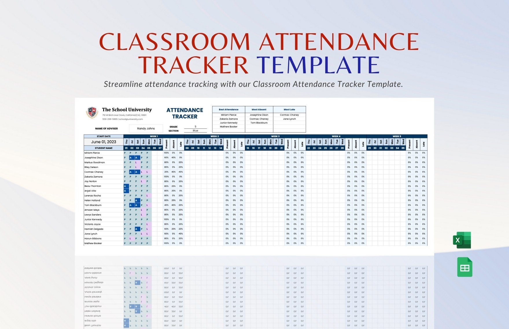 Classroom Attendance Tracker Template in Excel, Google Sheets
