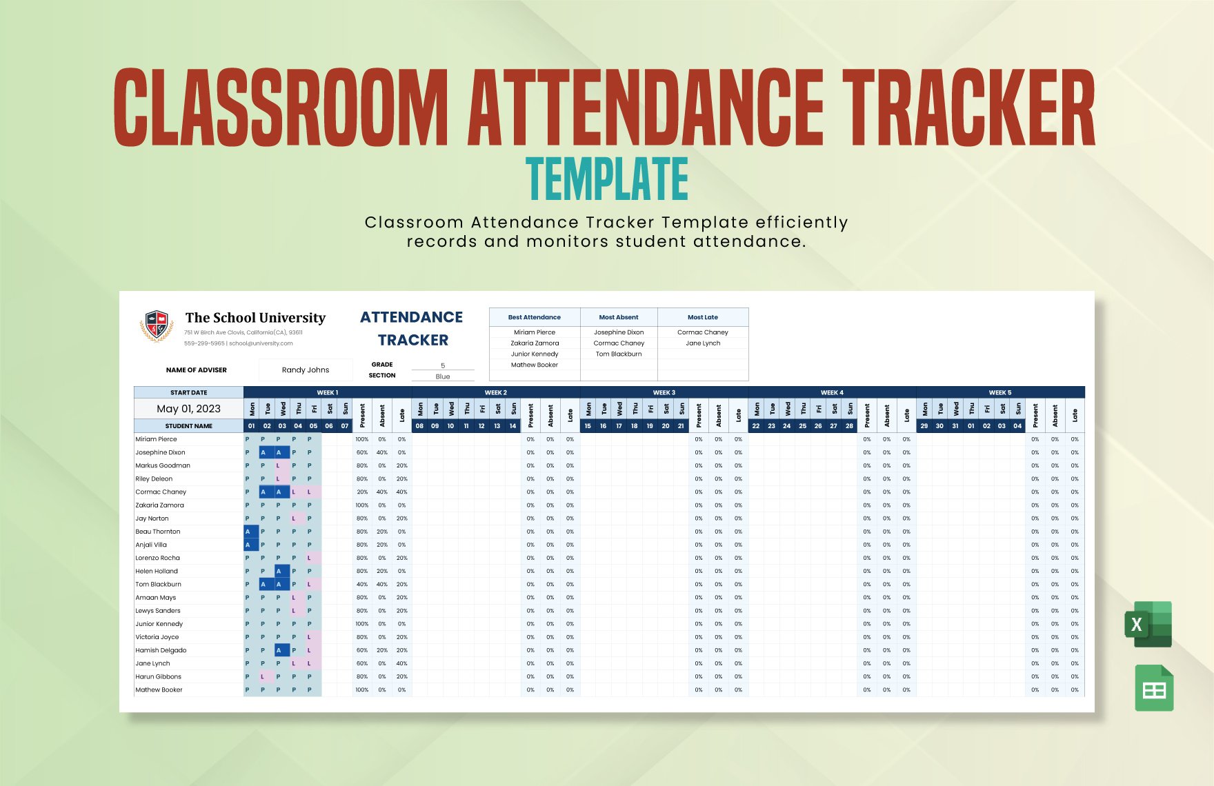 Classroom Attendance Tracker Template in Excel, Google Sheets