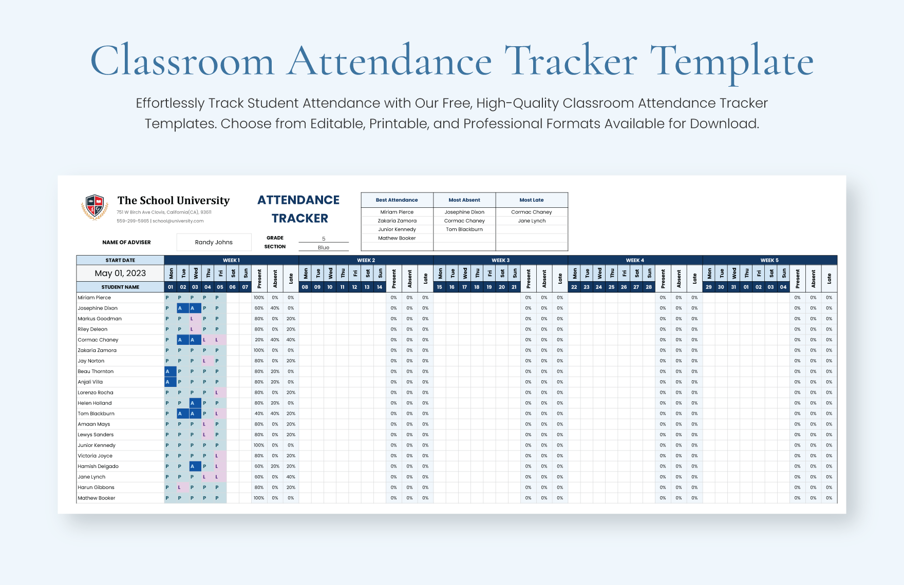 Classroom Attendance Tracker Template Google Sheets Excel Template