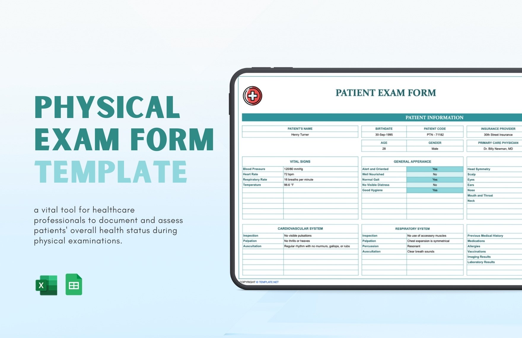 Physical Exam Form Template in Excel, Google Sheets