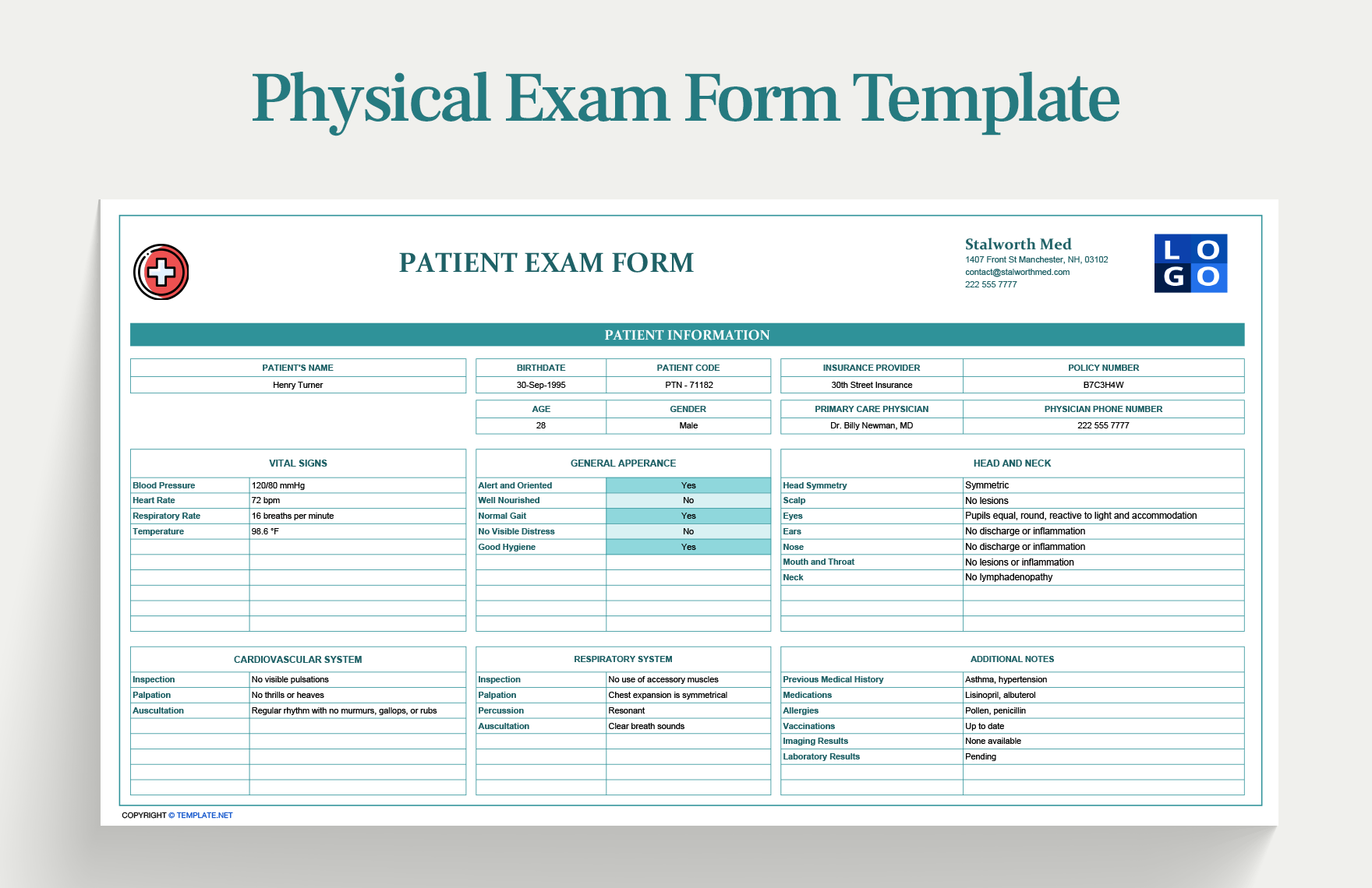 Physical Exam Form Template Google Sheets Excel Template