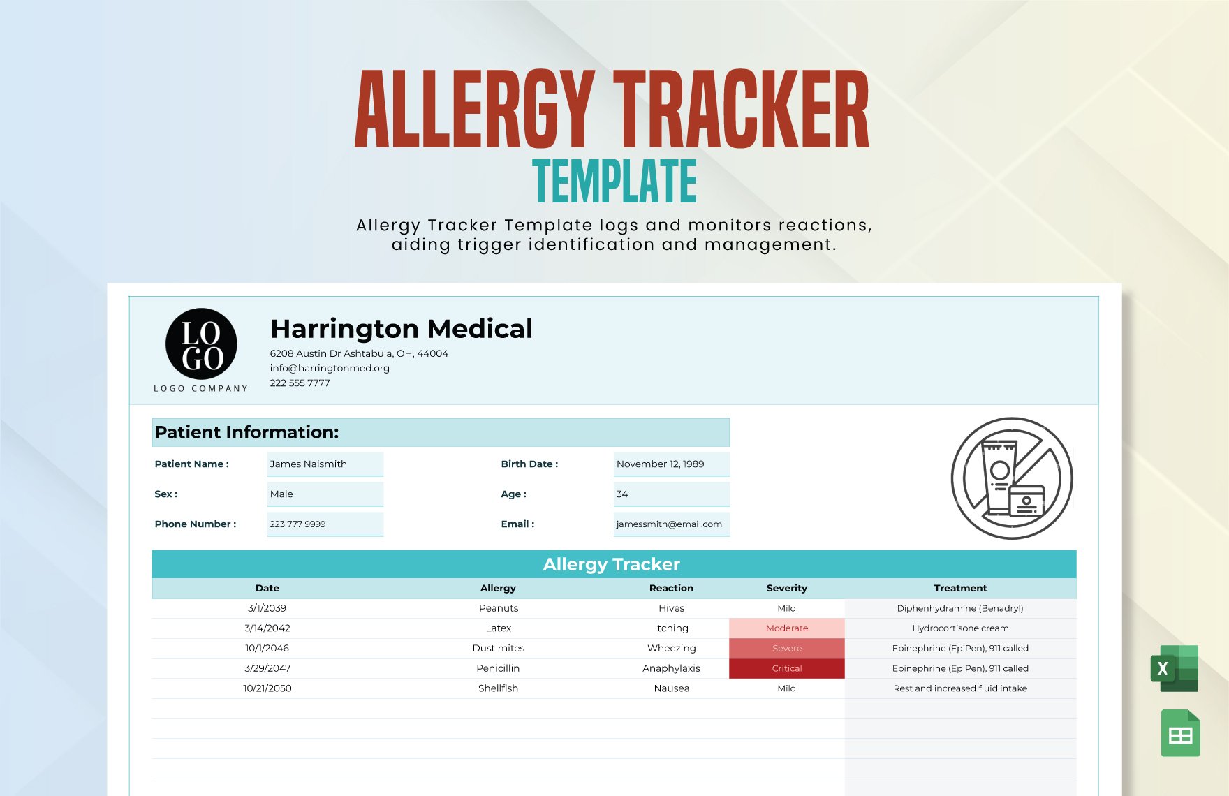 Allergy Tracker Template in Excel, Google Sheets