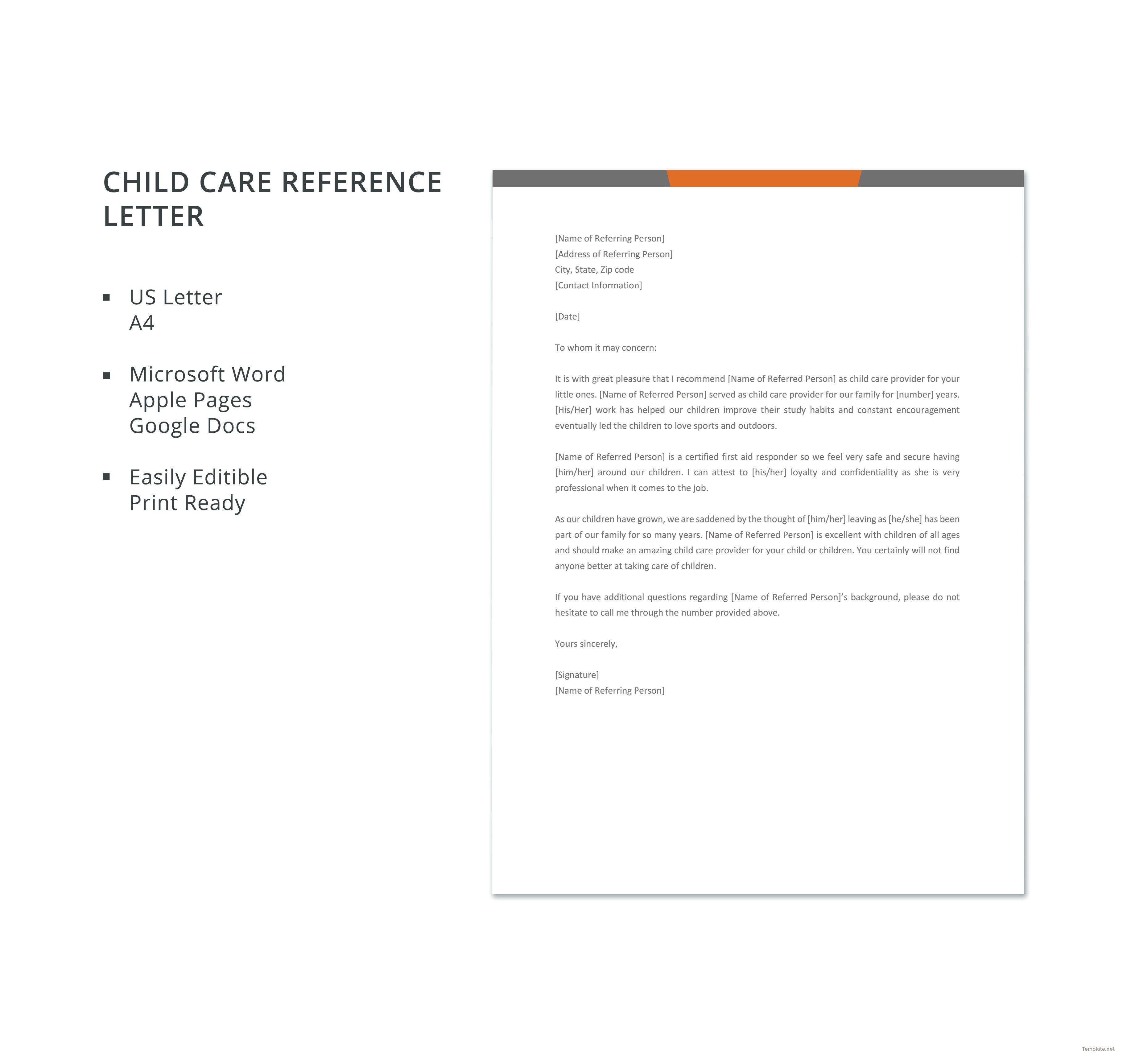 Free Child Care Reference Letter Template in Microsoft Word, Apple