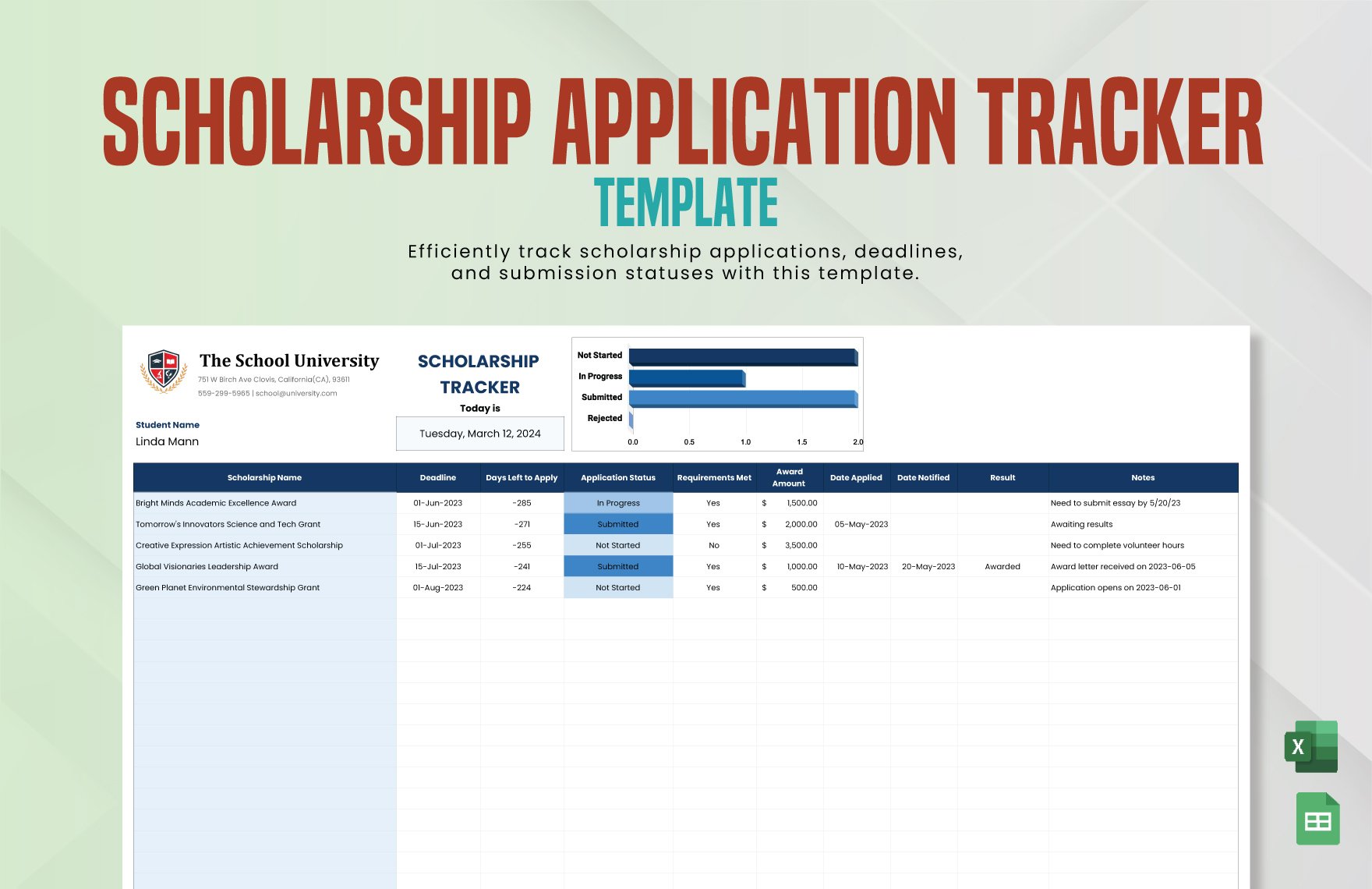 Scholarship Application Tracker Template in Excel, Google Sheets