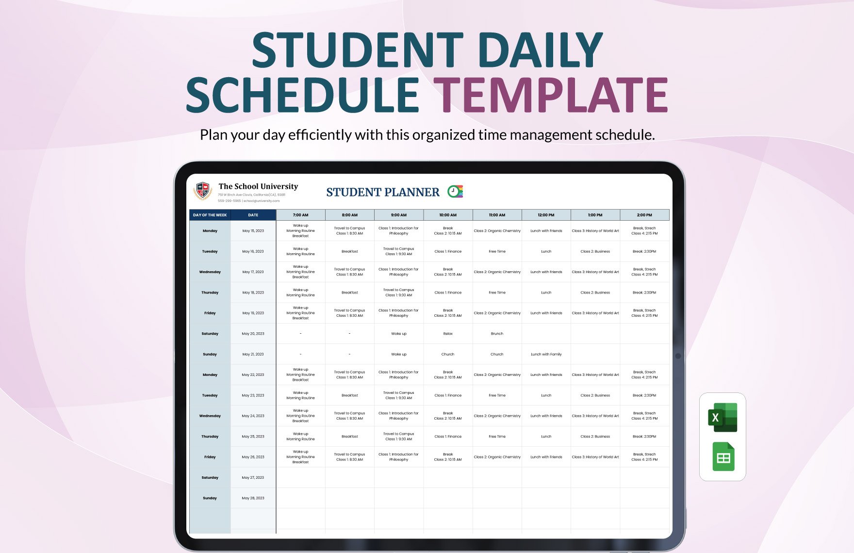 Student Daily Schedule Template in Excel, Google Sheets