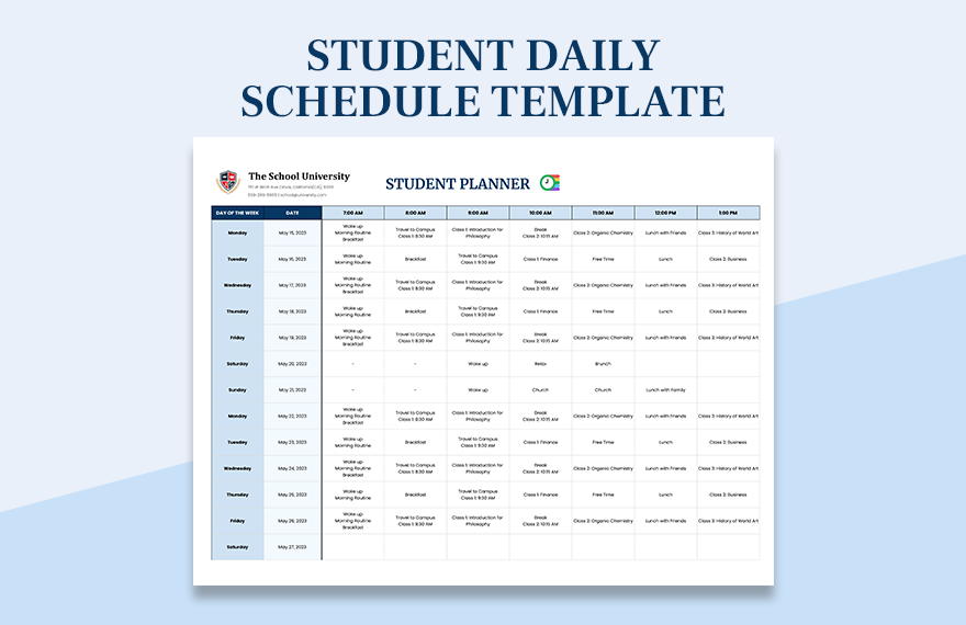 Student Daily Schedule Template in Excel, Google Sheets