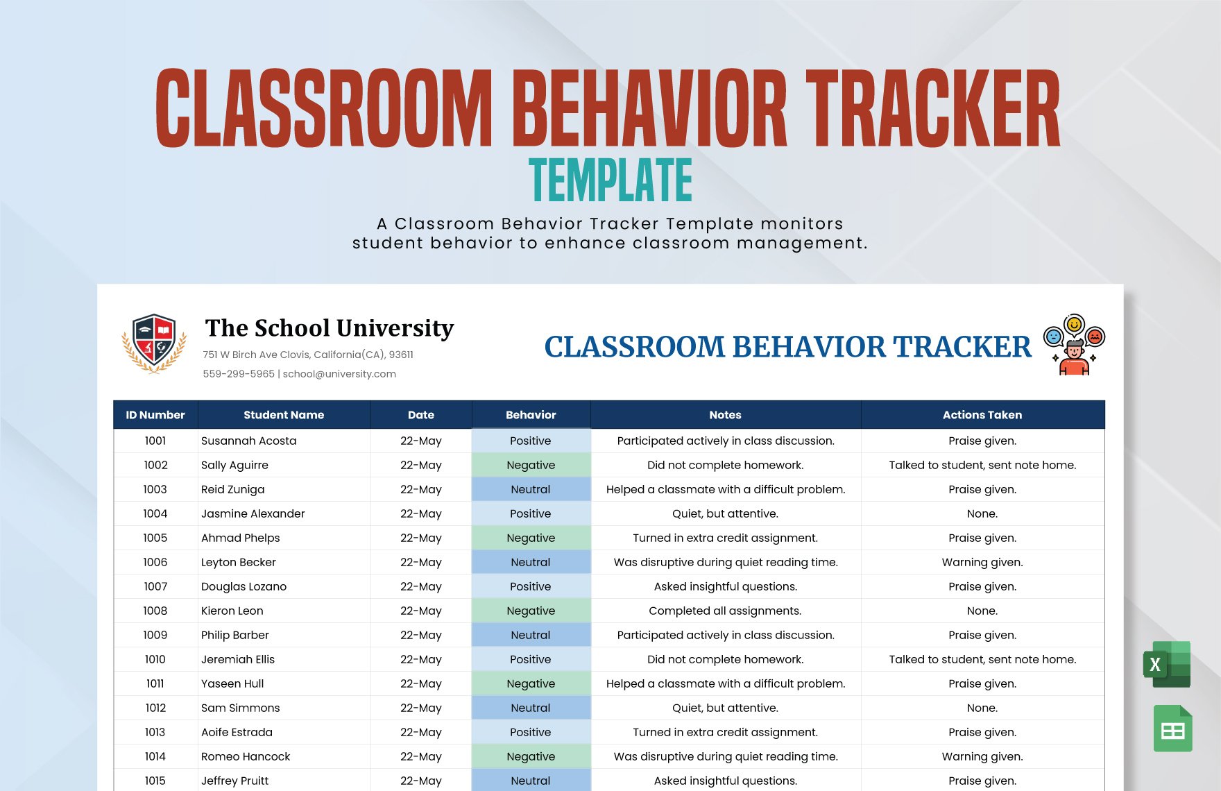 Classroom Behavior Tracker Template in Excel, Google Sheets