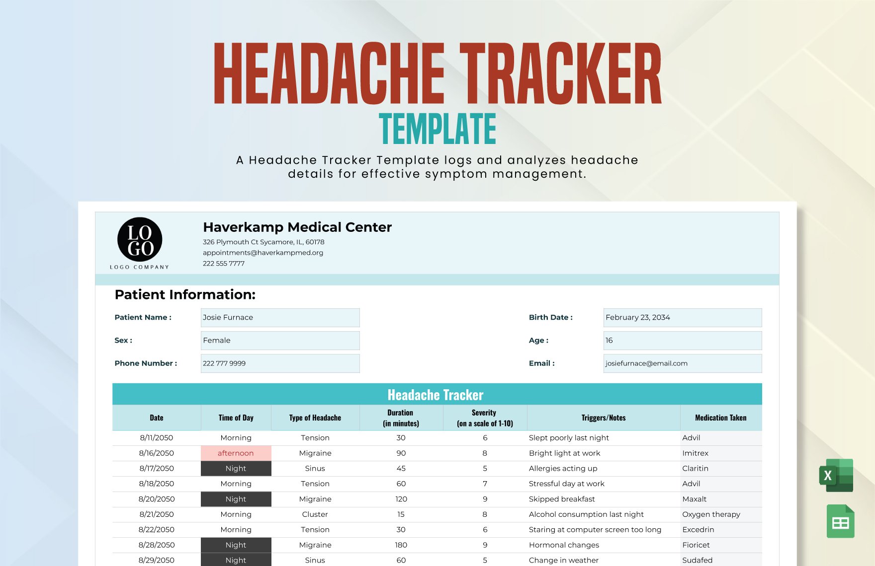 Free Headache Tracker Template in Excel, Google Sheets