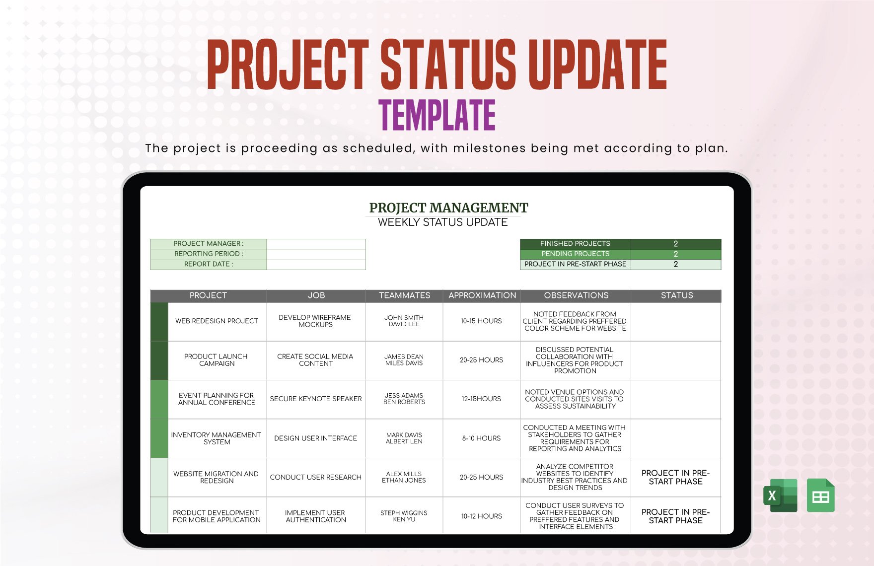 Project Status Update Template in Excel, Google Sheets