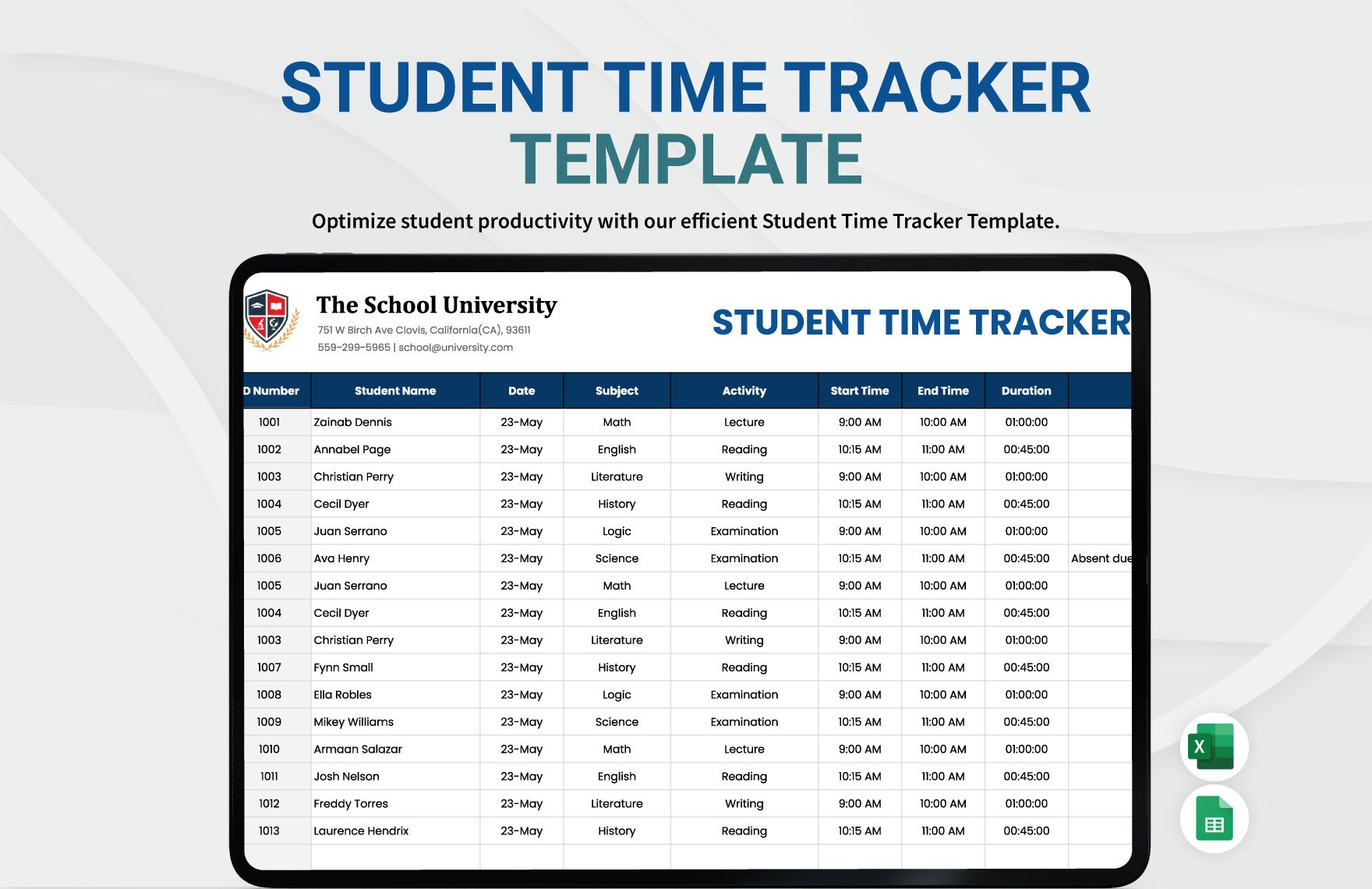 Student Time Tracker Template in Excel, Google Sheets