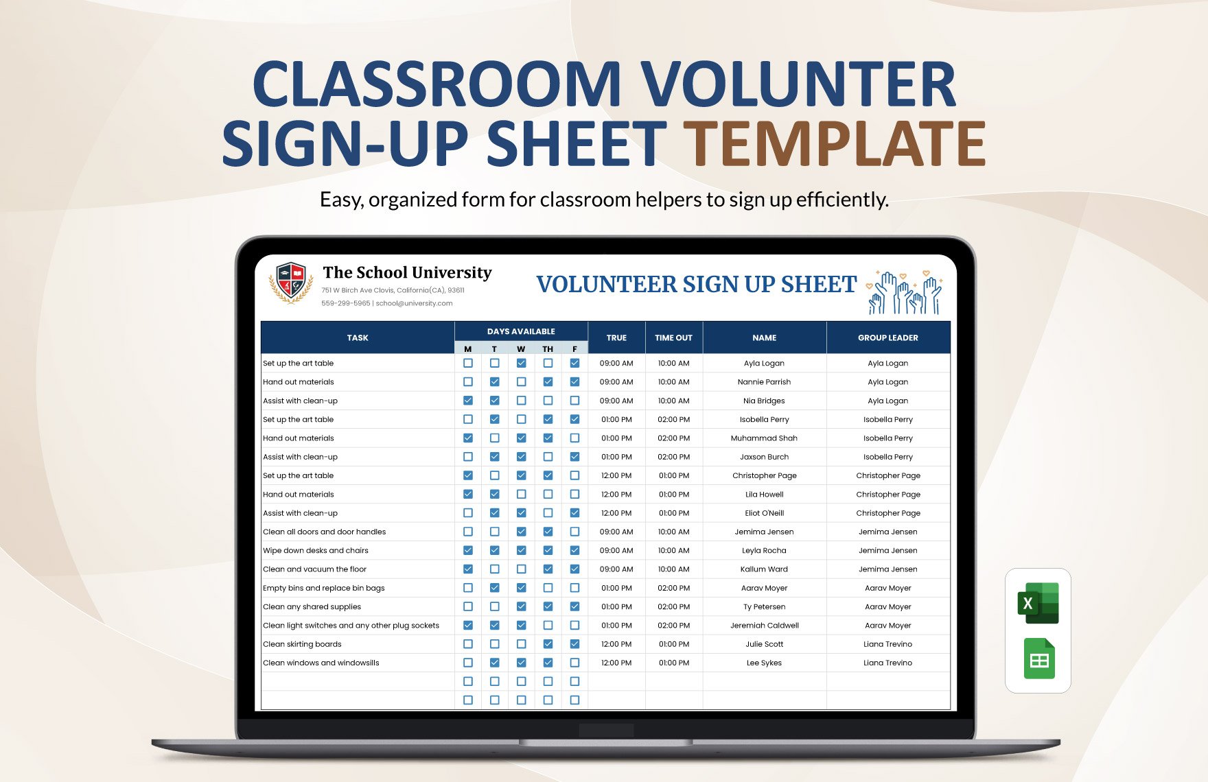 Classroom Volunteer Sign-Up Sheet in Excel, Google Sheets