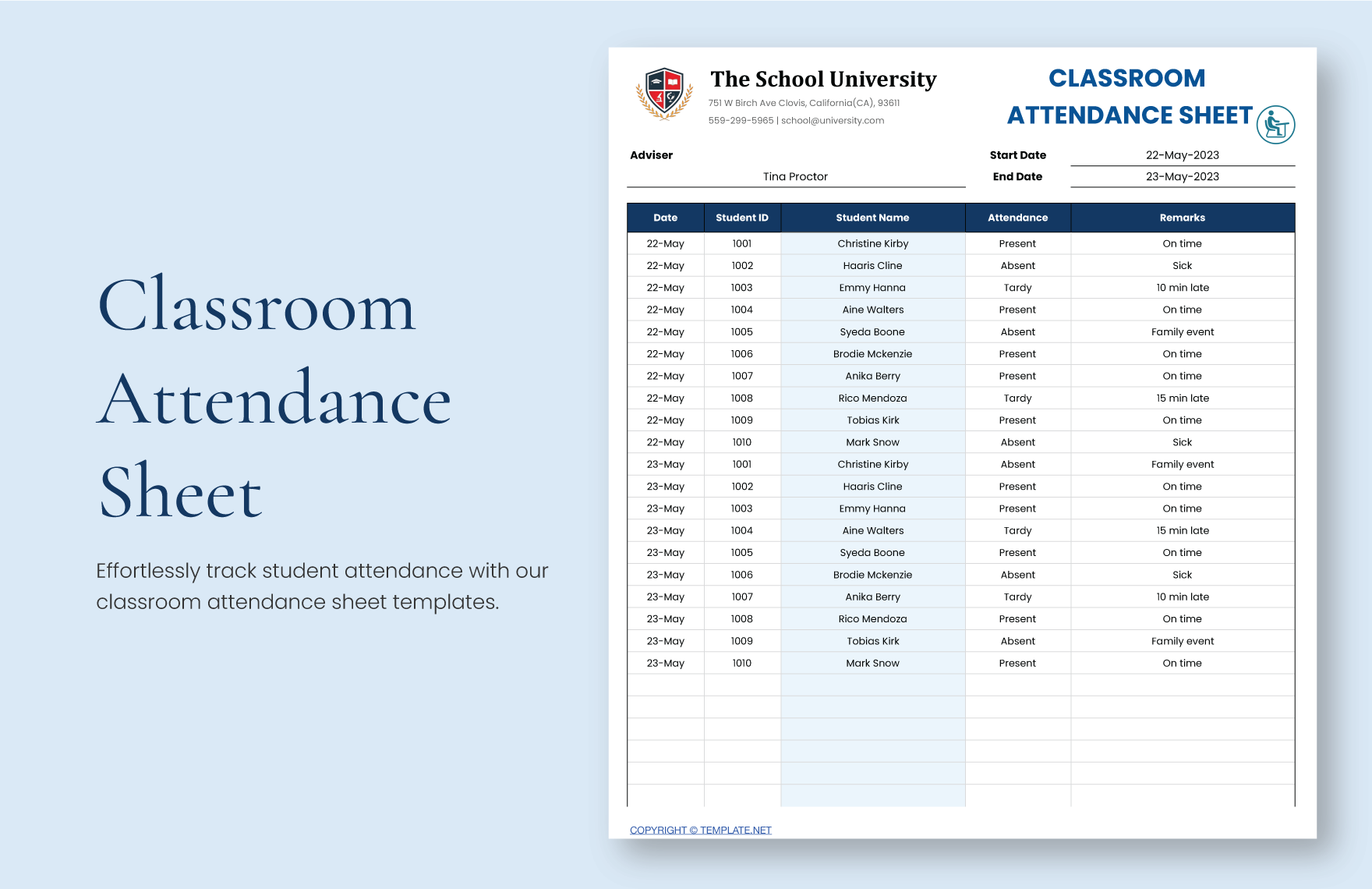 Classroom Attendance Sheet