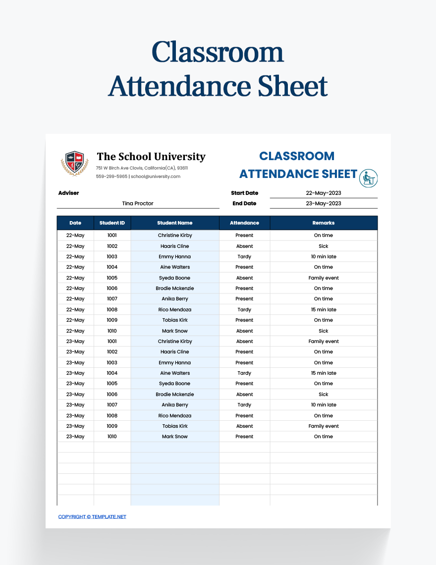Classroom Attendance Sheet