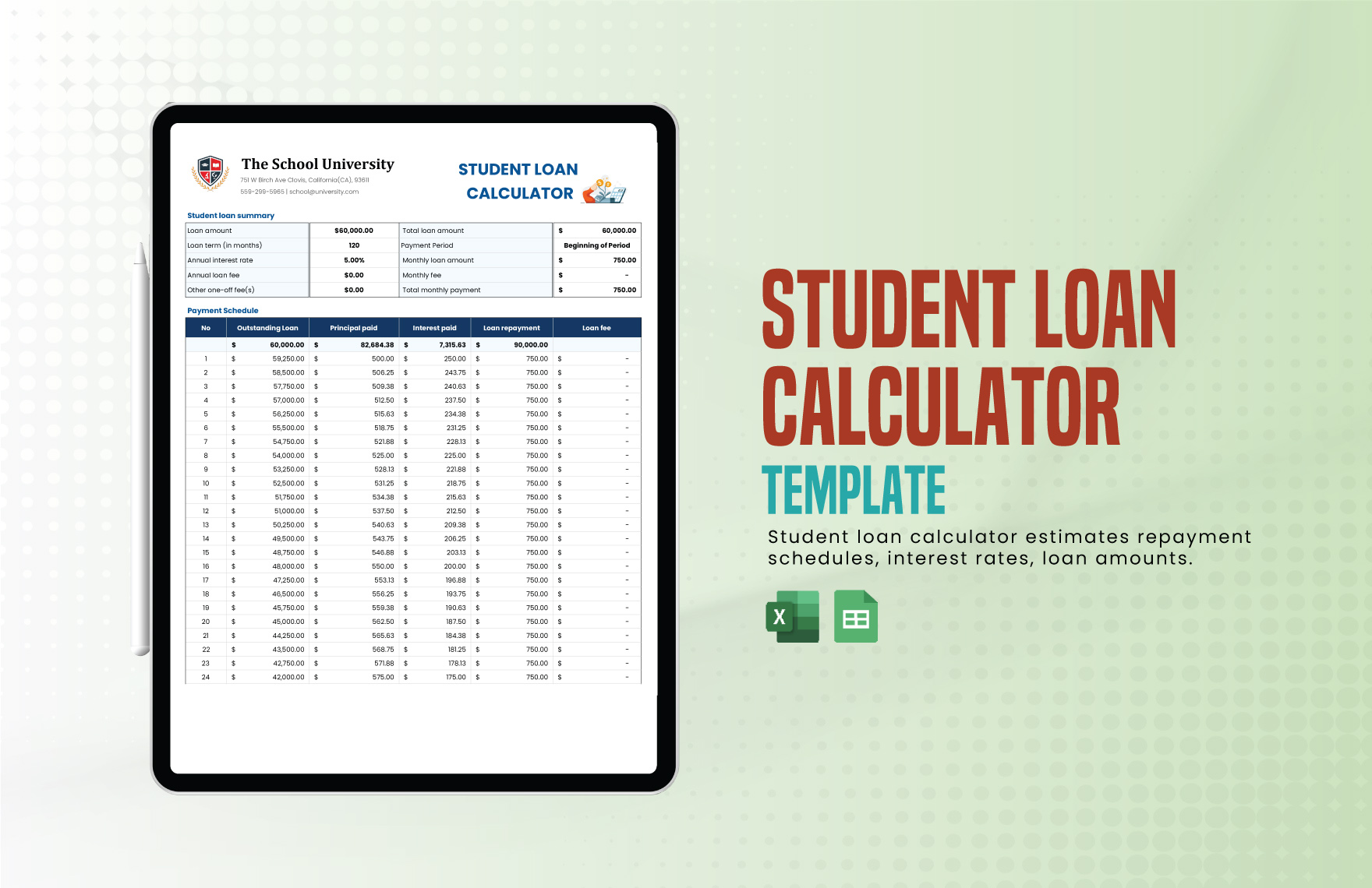 Student Loan Calculator in Excel, Google Sheets