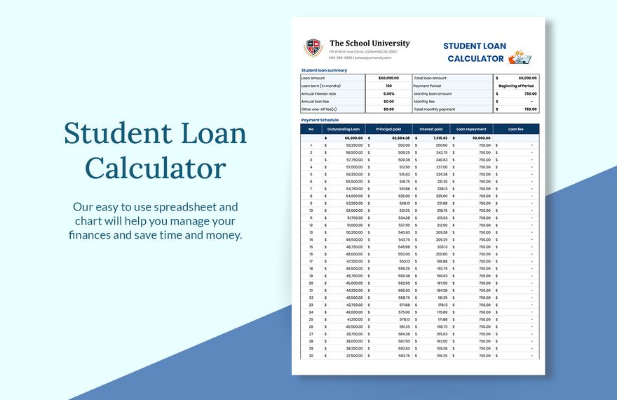 Student Loan Calculator in MS Excel, Google Sheets Download