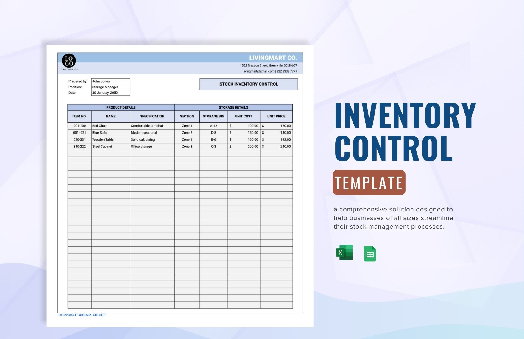 Inventory Control Template in Excel, Google Sheets