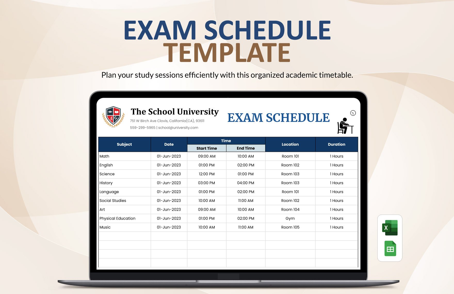 Exam Schedule Template in Excel, Google Sheets