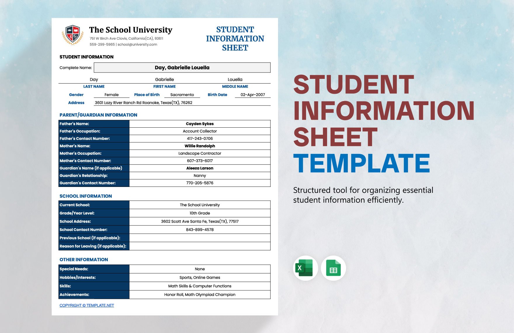Student Information Sheet Template in Excel, Google Sheets