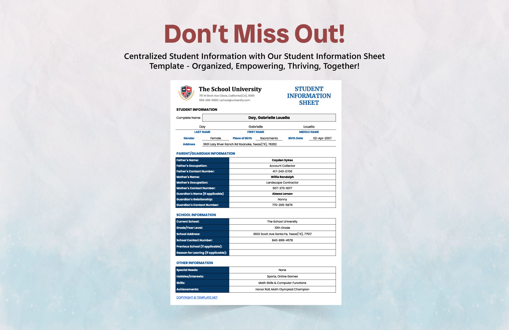 Student Information Sheet Template