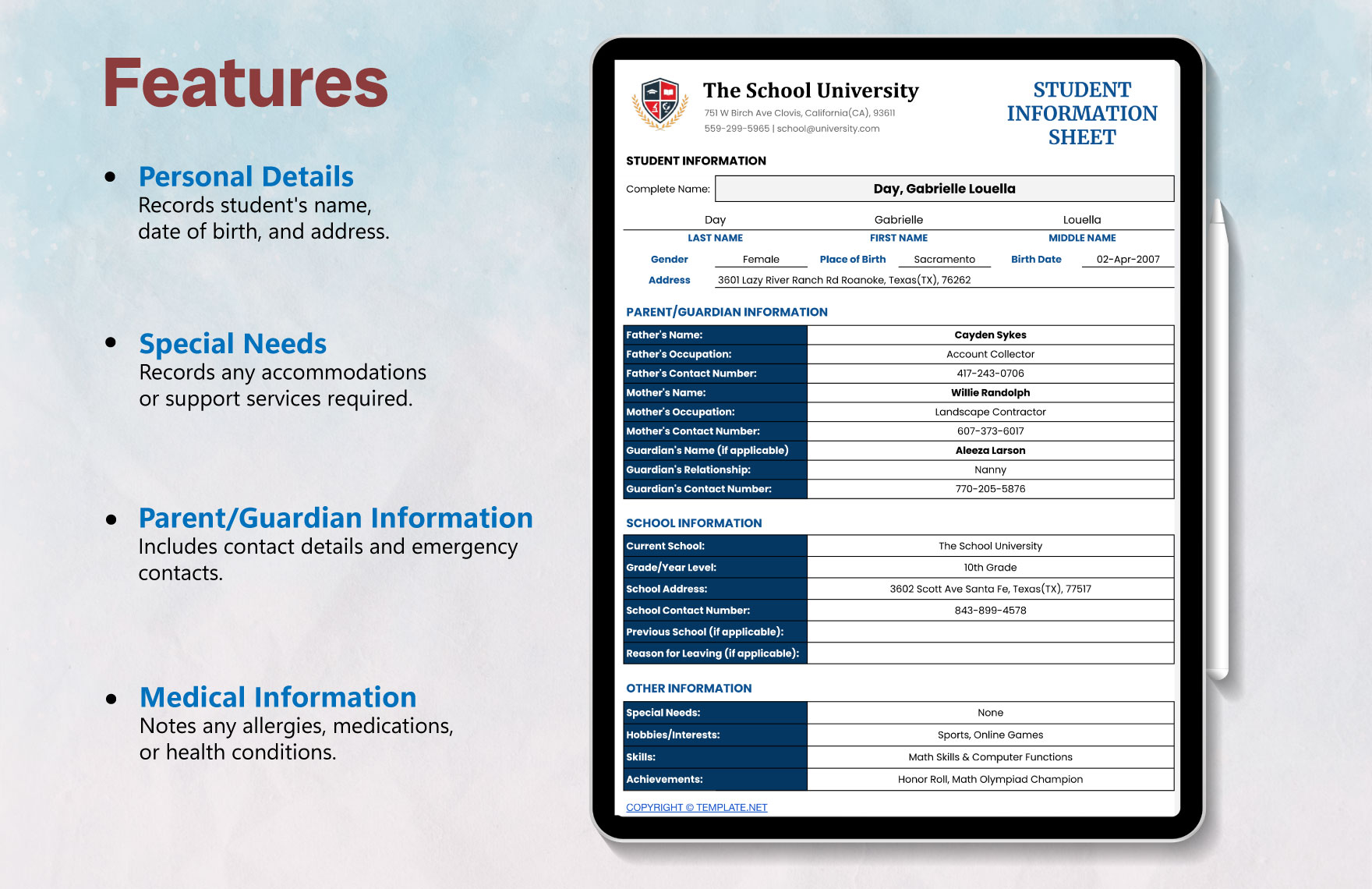 Student Information Sheet Template