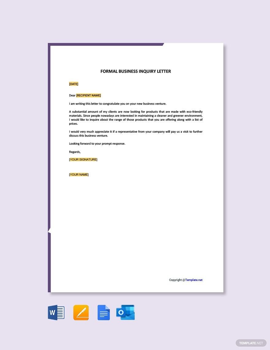 Formal Business Inquiry Letter in Word, Google Docs, PDF, Apple Pages, Outlook