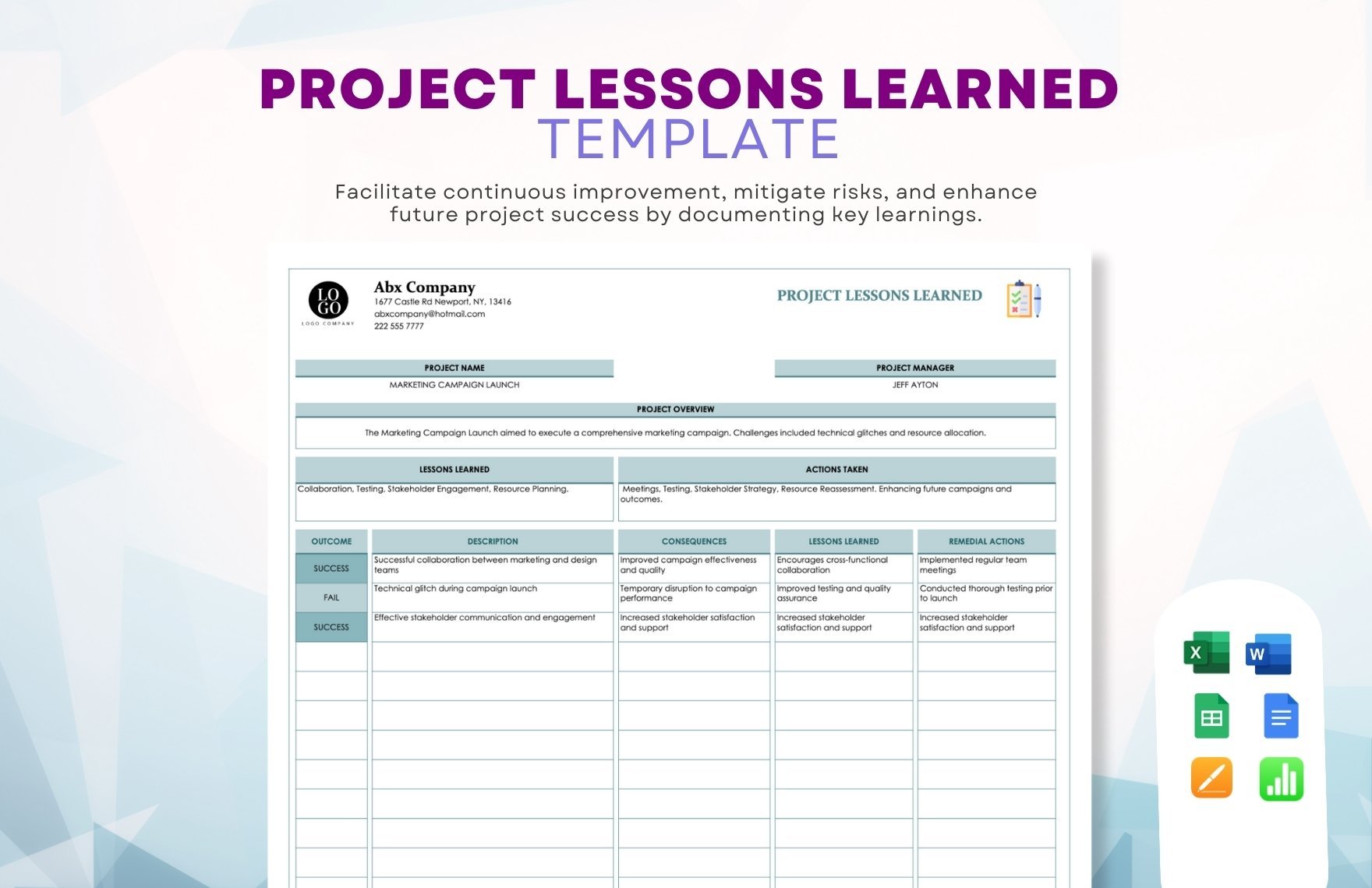 Project Lessons Learned Template in Excel, Google Sheets