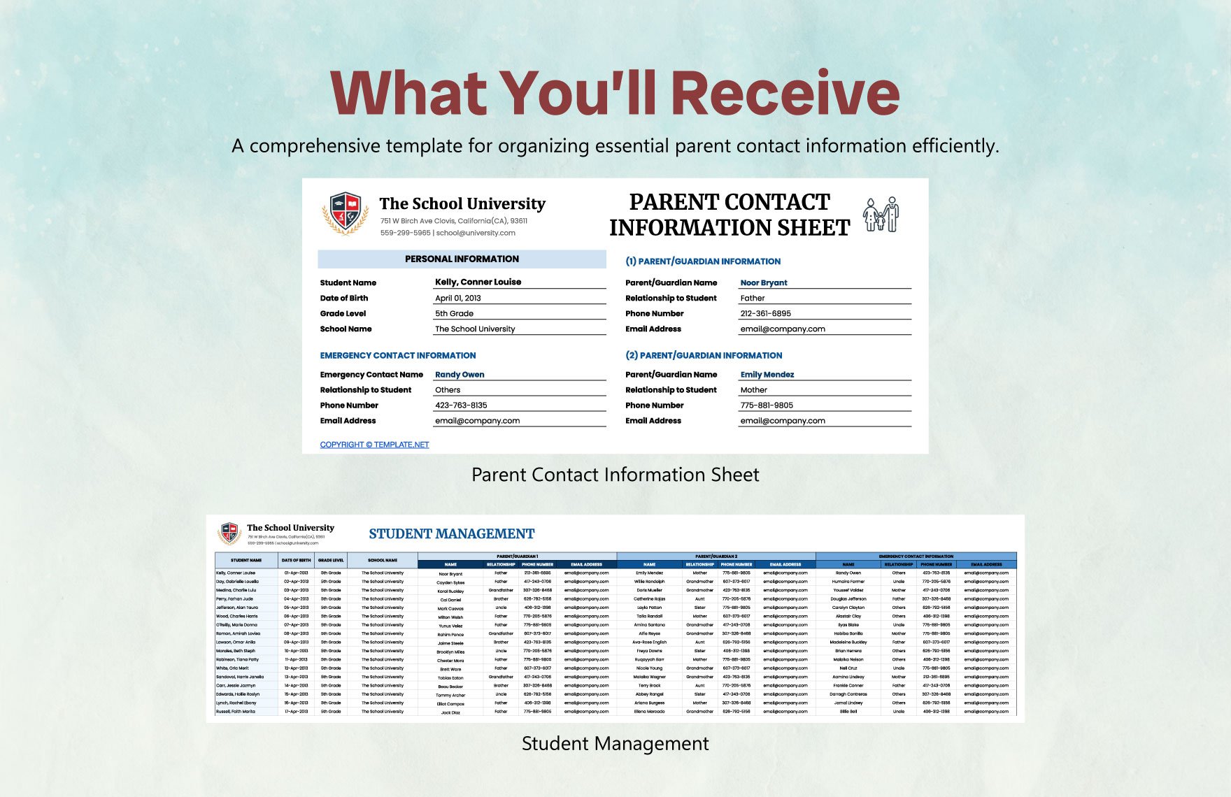 Parent Contact Information  Sheet Template