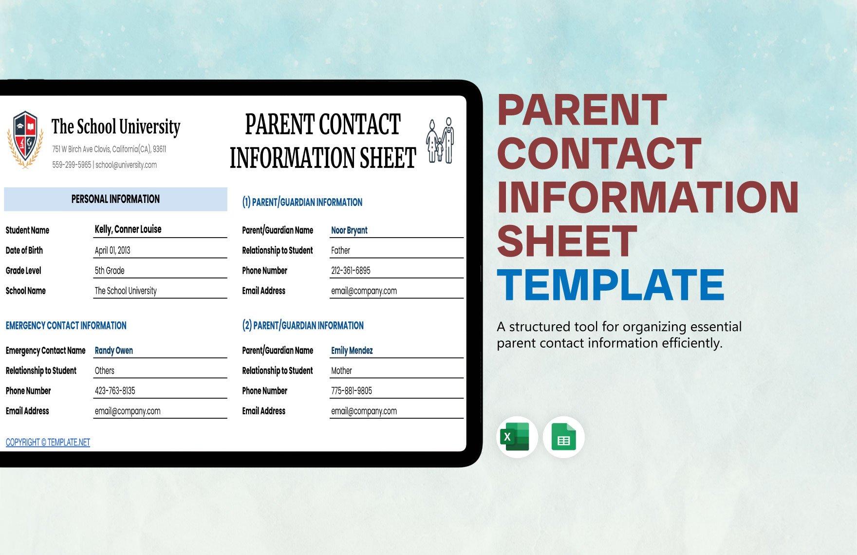 Parent Contact Information  Sheet Template