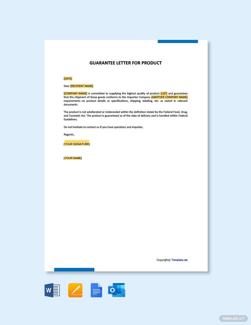 Guarantee Letter for Product Template