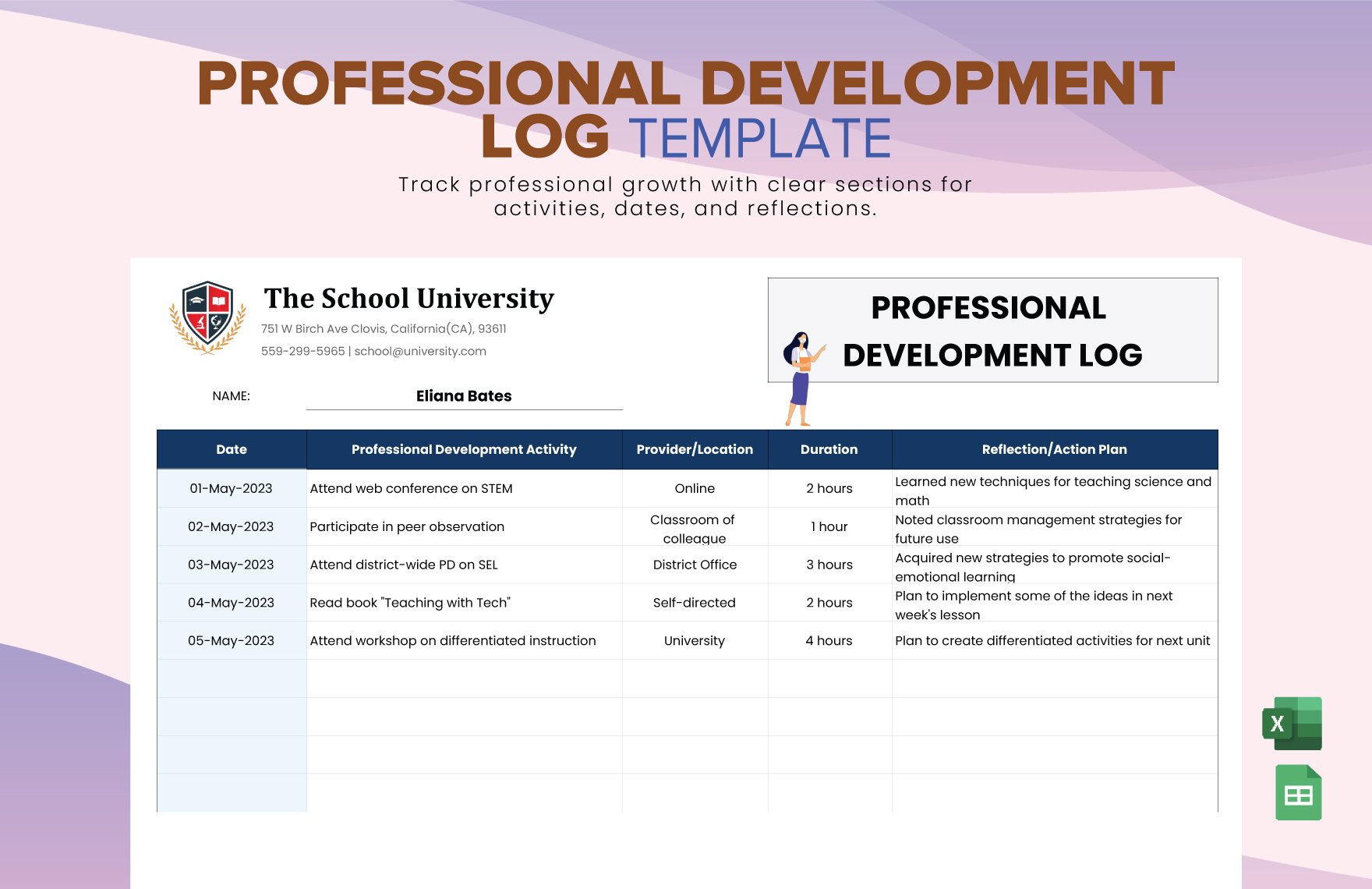 Professional Development Log Template in Excel, Google Sheets