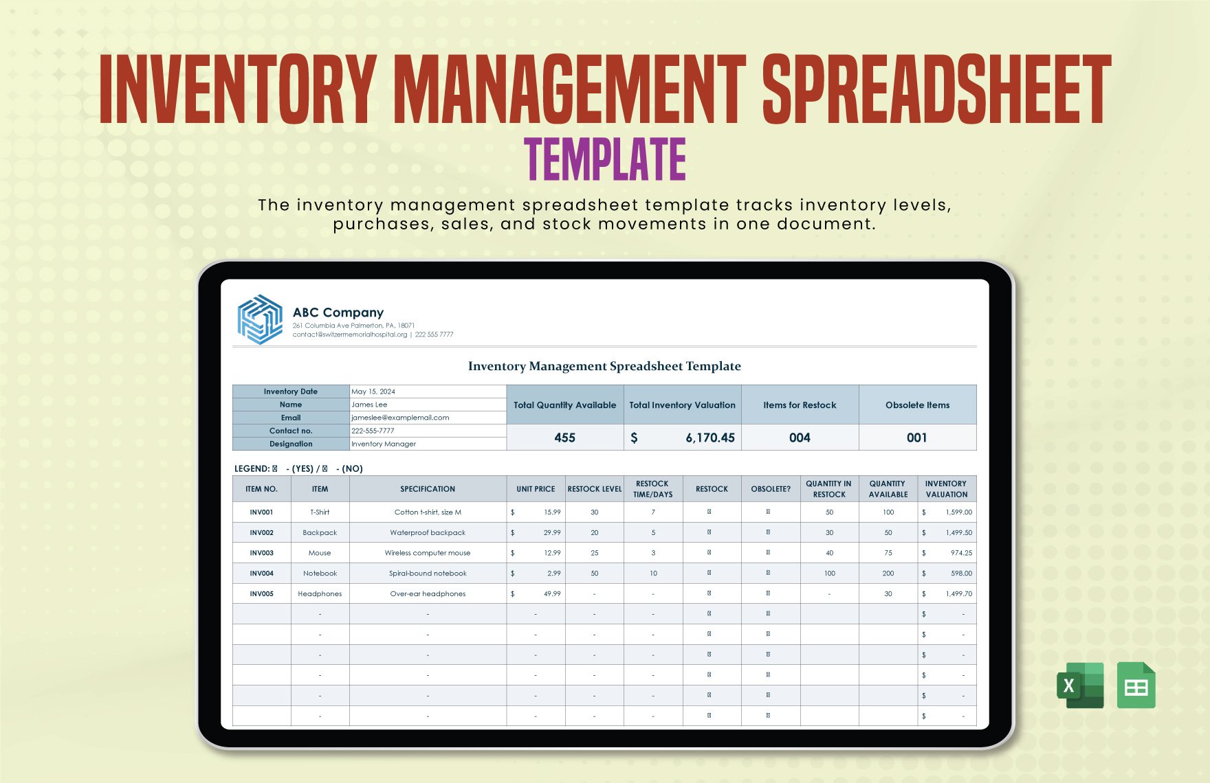 Inventory Management Spreadsheet Template in Excel, Google Sheets