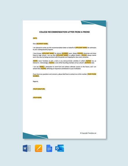 FREE College Recommendation Letter from family friend Template - Word