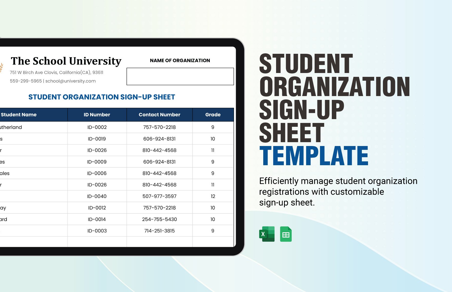 Student Organization Sign-up Sheet Template in Excel, Google Sheets
