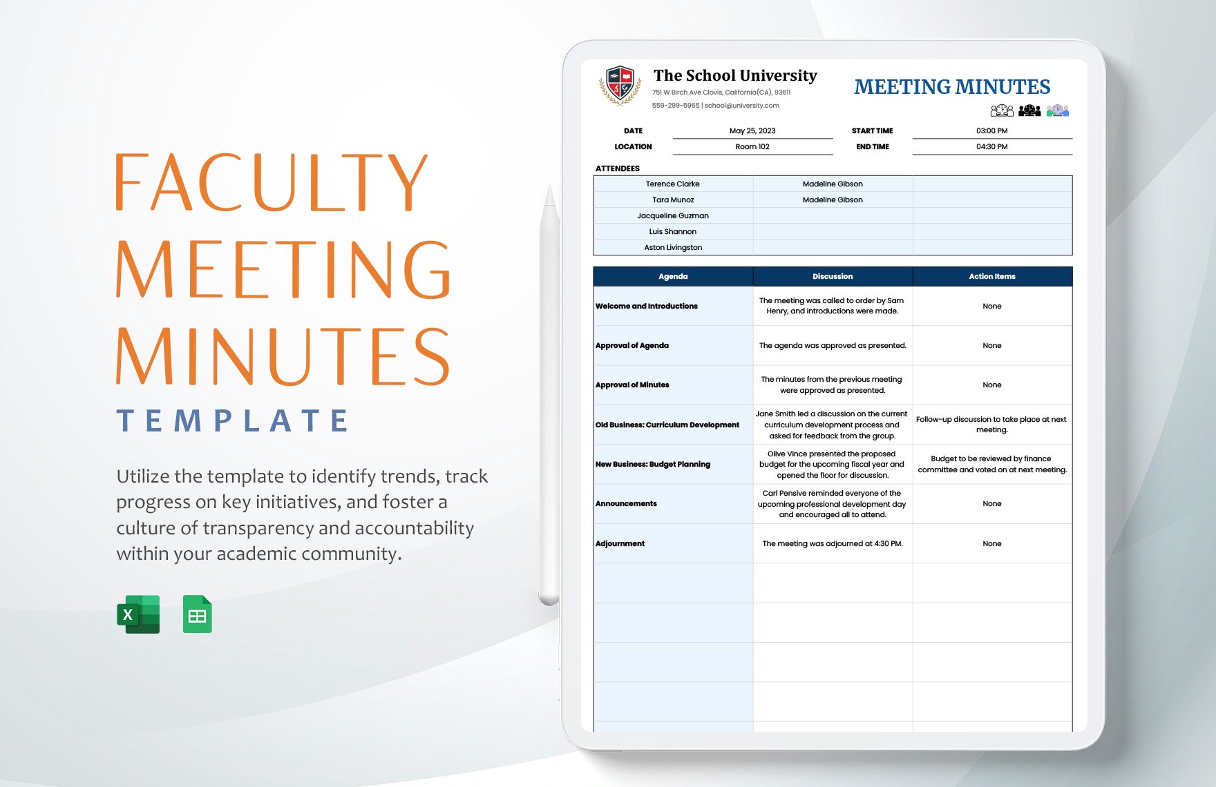 Faculty  Meeting Minutes Template in Excel, Google Sheets