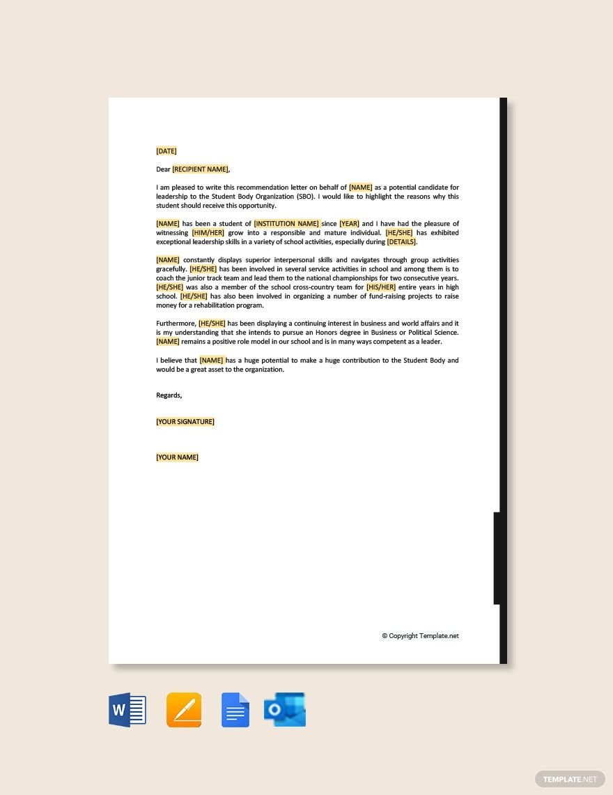 Leadership Recommendation Letter for Student Template