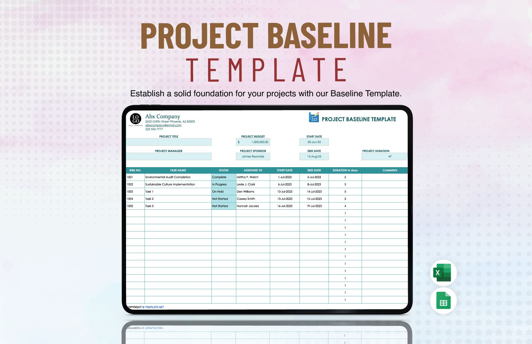 Project Baseline Template in Excel, Google Sheets