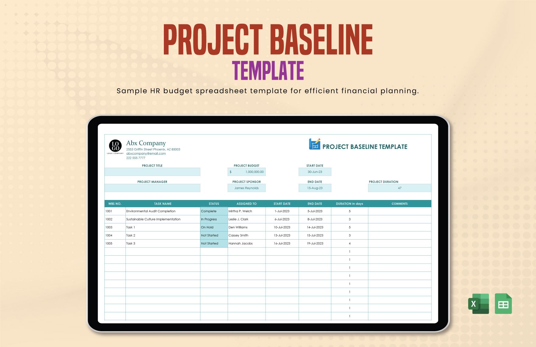 Project Baseline Template in Excel, Google Sheets