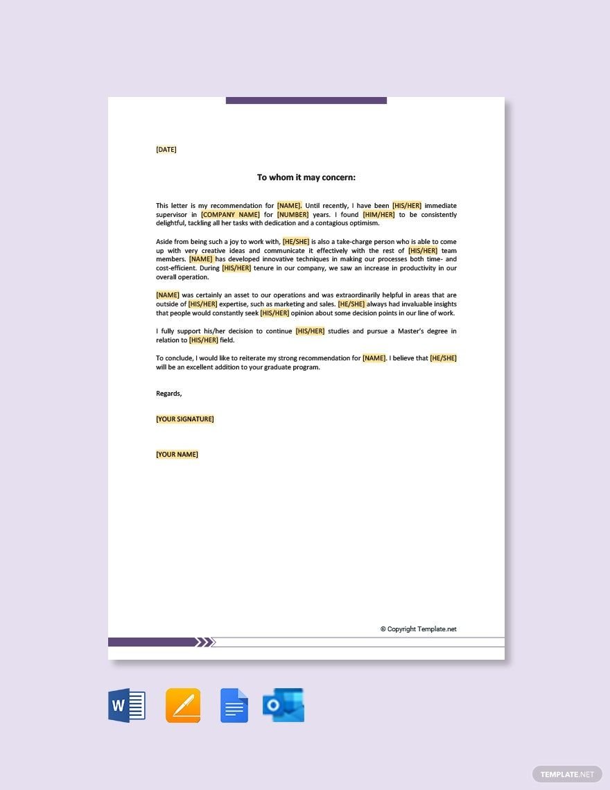 Letter of Recommendation for Graduate School from Supervisor Template